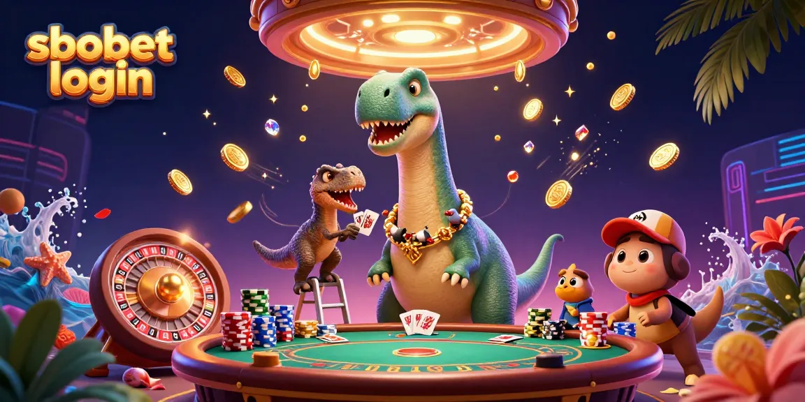 Experience sbobet login with a vibrant scene featuring a giant brontosaurus and clever raptor in a bustling casino