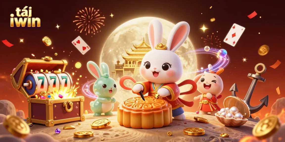 Engage in exciting gameplay with tải iwin while enjoying golden mooncakes revealing poker chips in a lively casino scene.