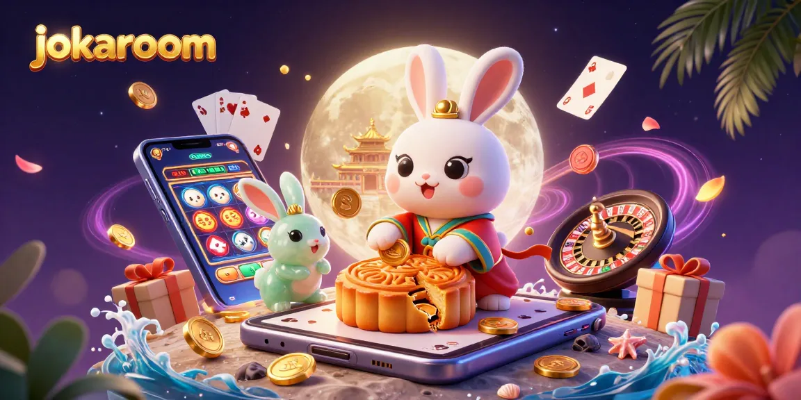 Engage with jokaroom's immersive casino experience featuring a moon rabbit and poker chips.