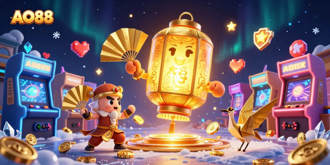 Experience the vibrant world of AO88 casino with a golden lantern spirit and dynamic gaming elements.
