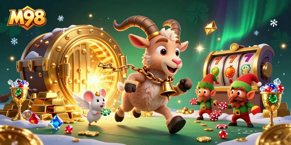 Engage with M98's festive casino adventure featuring Krampus and playful gremlins in a holiday scene.